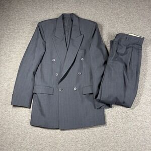 Custom Made Wool Pinstripe Double Breasted Suit Mens 40 30X29 Navy Blue
